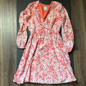 CeCe Orange Pink Wrap Dress V-neck 3/4 Bishop Sleeve